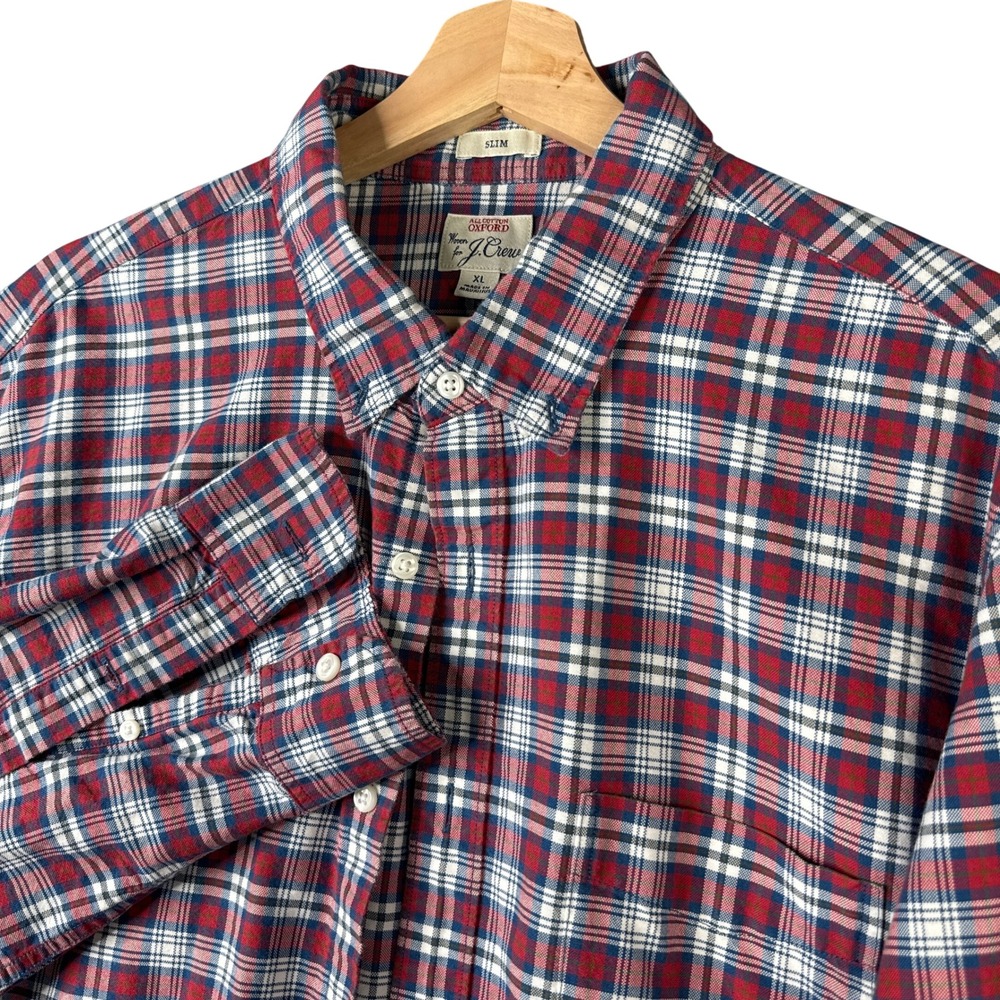 J.Crew Slim Fit Oxford Plaid Button Down Shirt Red White Blue XL H1708 Mens